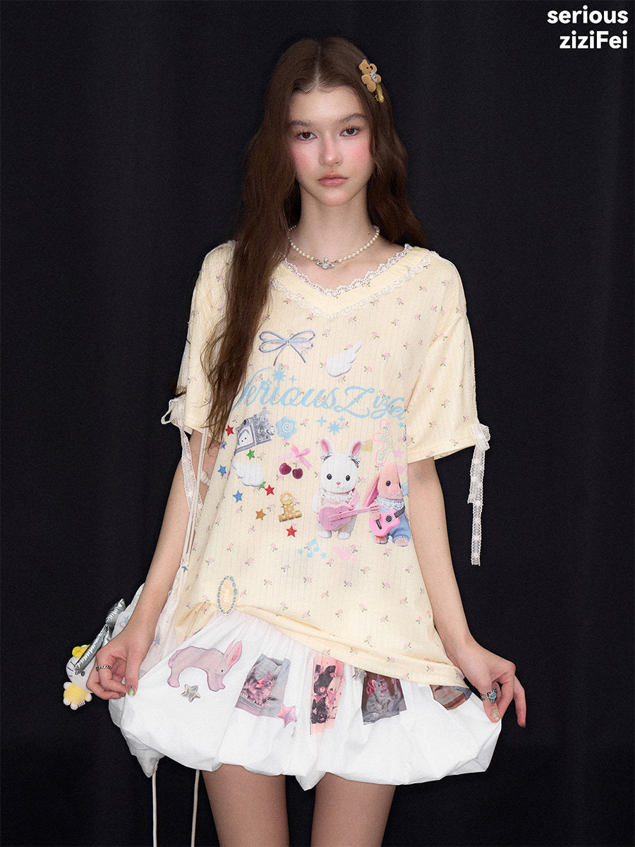 Bunny Graphic Lace-Trim T-Shirt