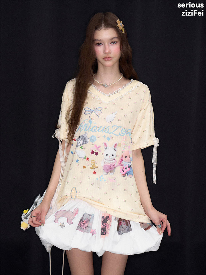 Bunny Graphic Lace-Trim T-Shirt
