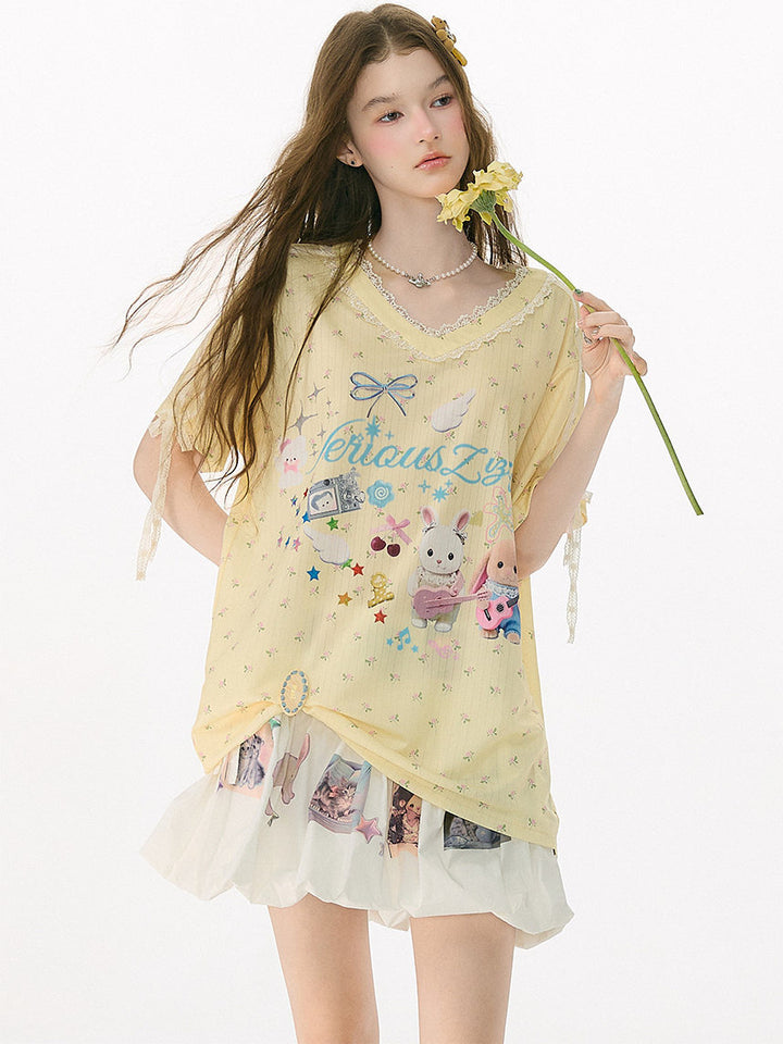 Bunny Graphic Lace-Trim T-Shirt