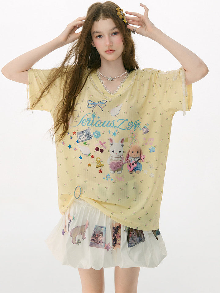 Bunny Graphic Lace-Trim T-Shirt