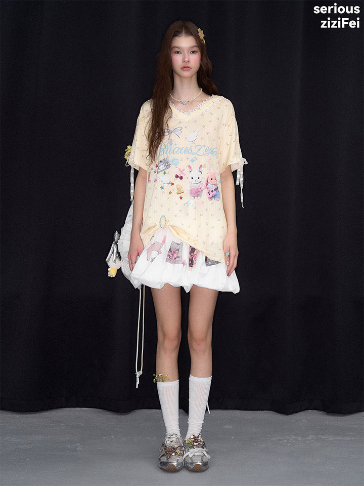 Bunny Graphic Lace-Trim T-Shirt