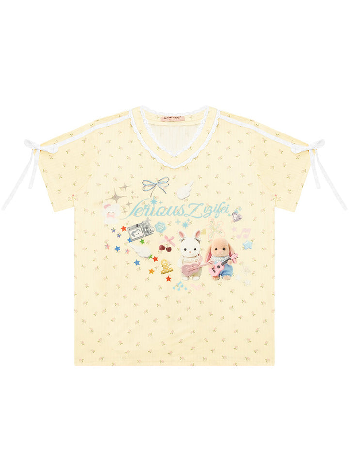 Bunny Graphic Lace-Trim T-Shirt