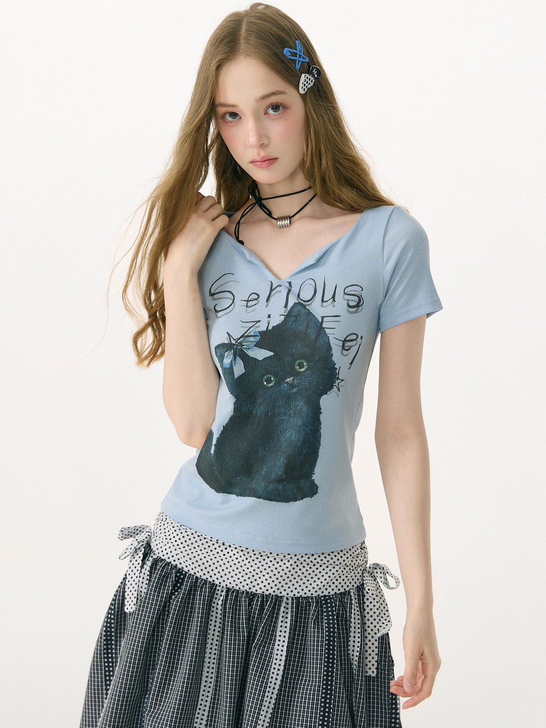 Blue Black Cat Graphic V-Neck Tee