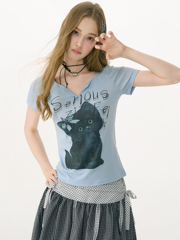 Blue Black Cat Graphic V-Neck Tee