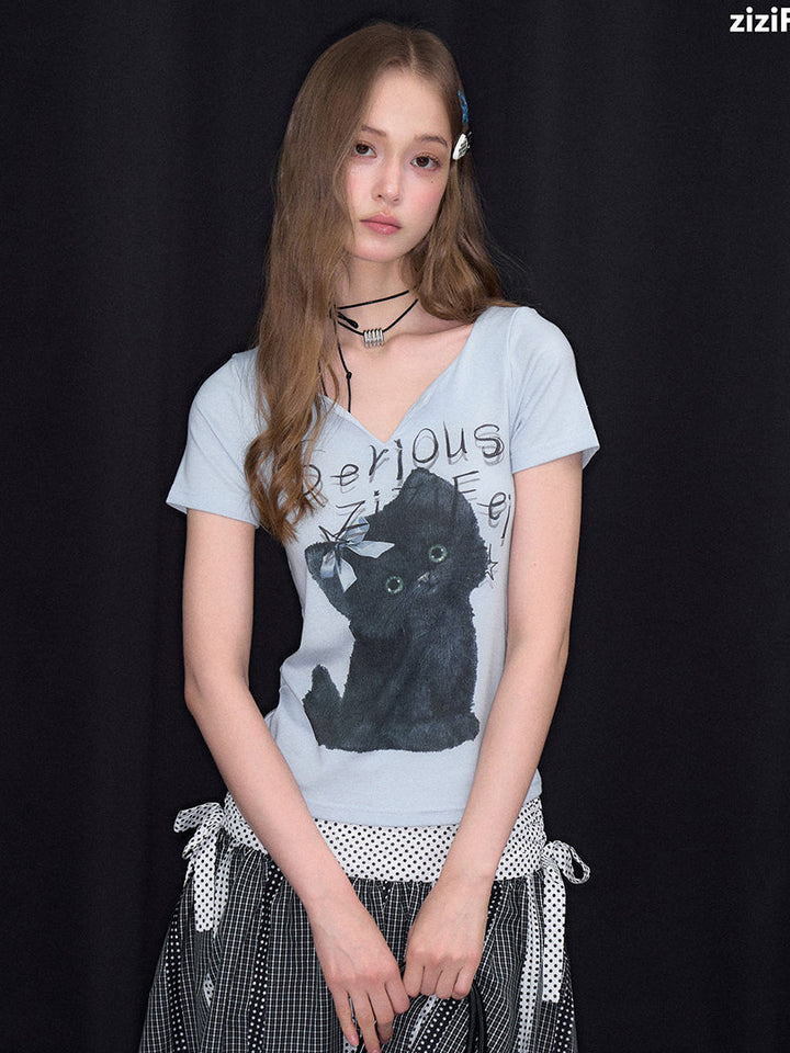 Blue Black Cat Graphic V-Neck Tee
