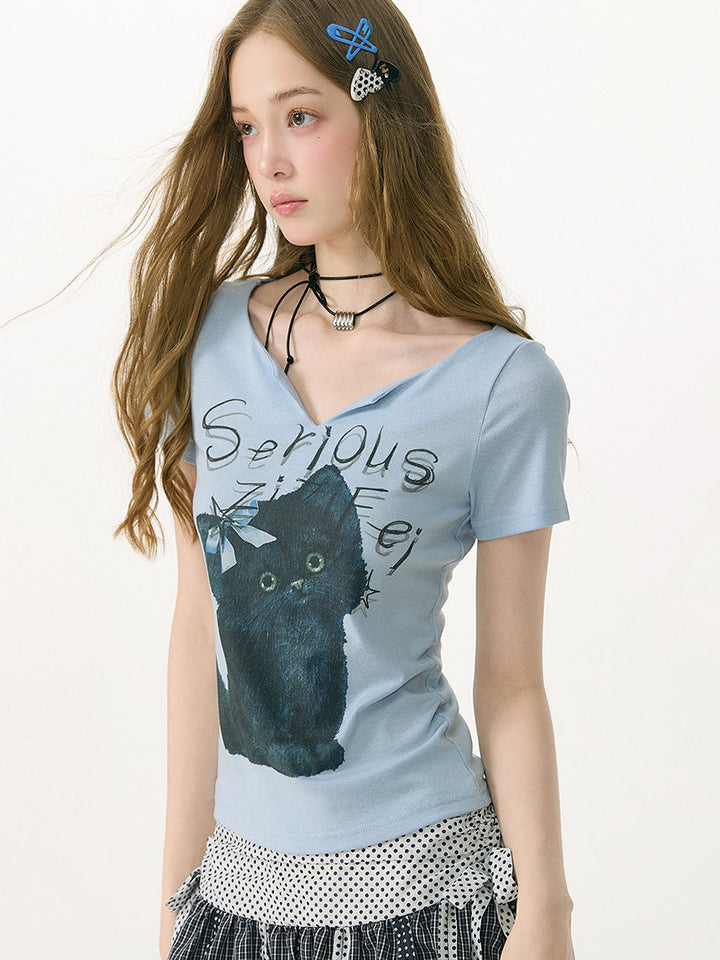 Blue Black Cat Graphic V-Neck Tee