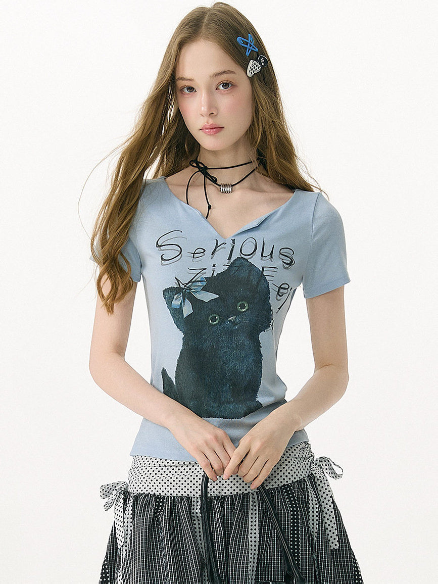 Blue Black Cat Graphic V-Neck Tee