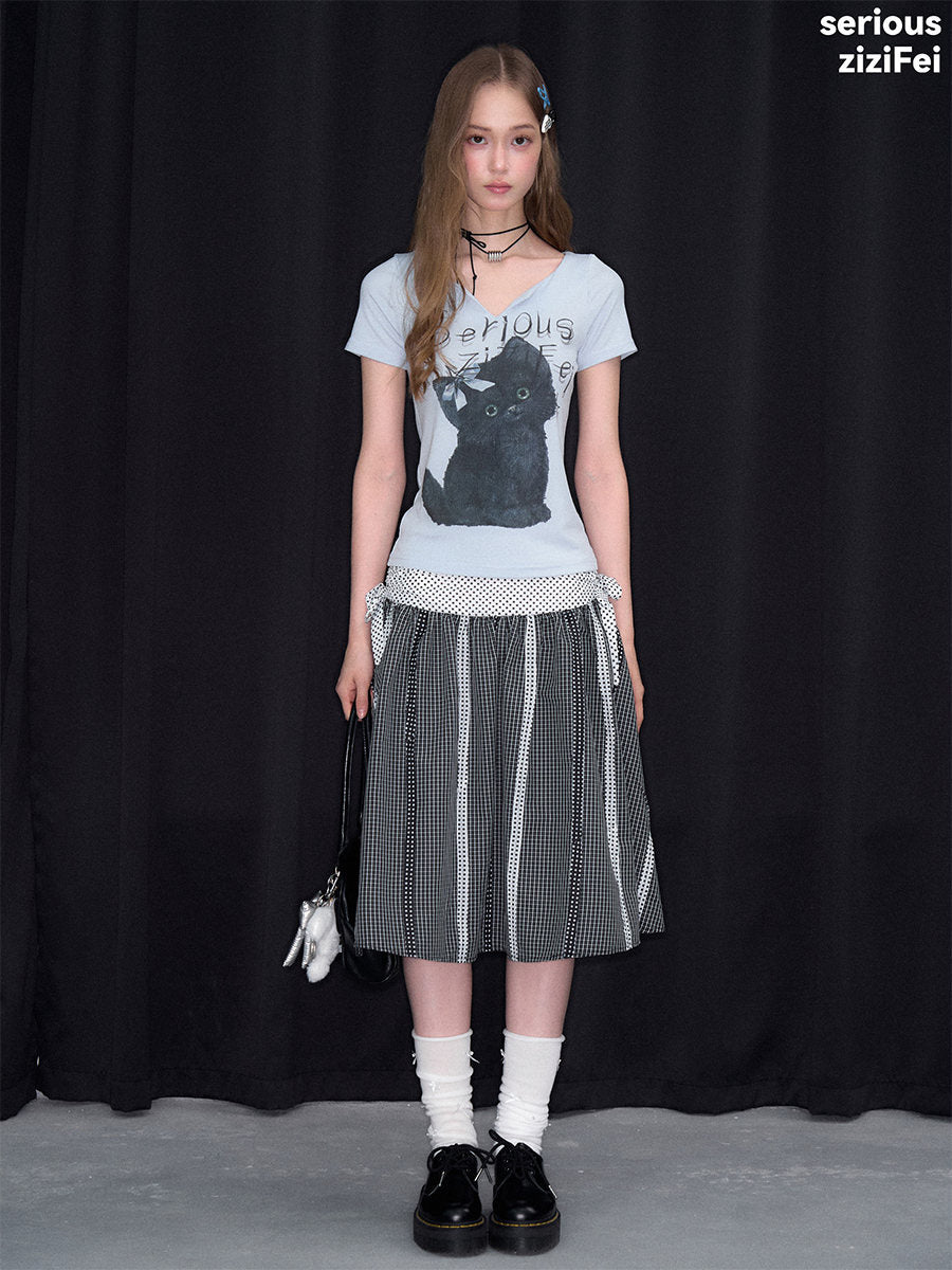 Blue Black Cat Graphic V-Neck Tee
