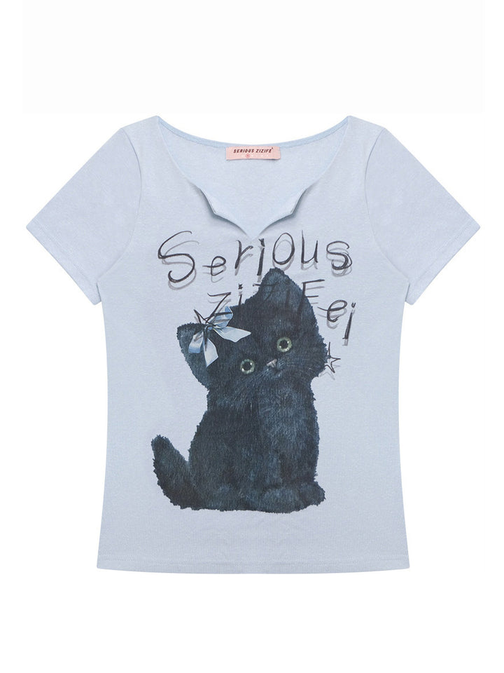 Blue Black Cat Graphic V-Neck Tee