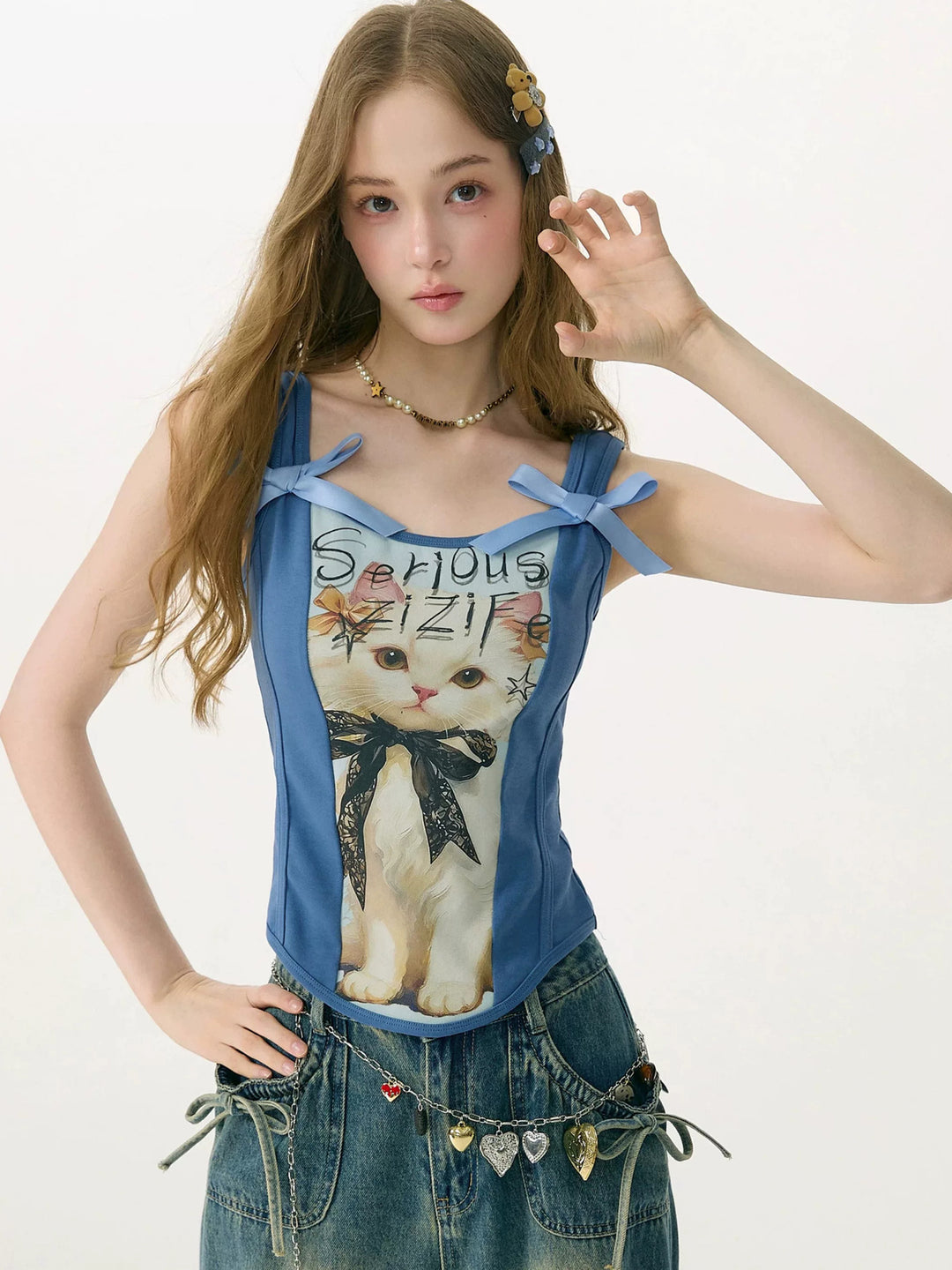 Shoulder Bow Cat Graphic Tank Top