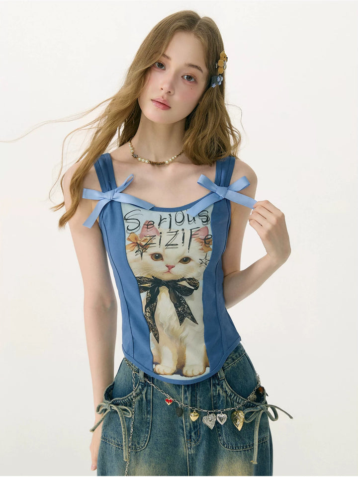 Shoulder Bow Cat Graphic Tank Top