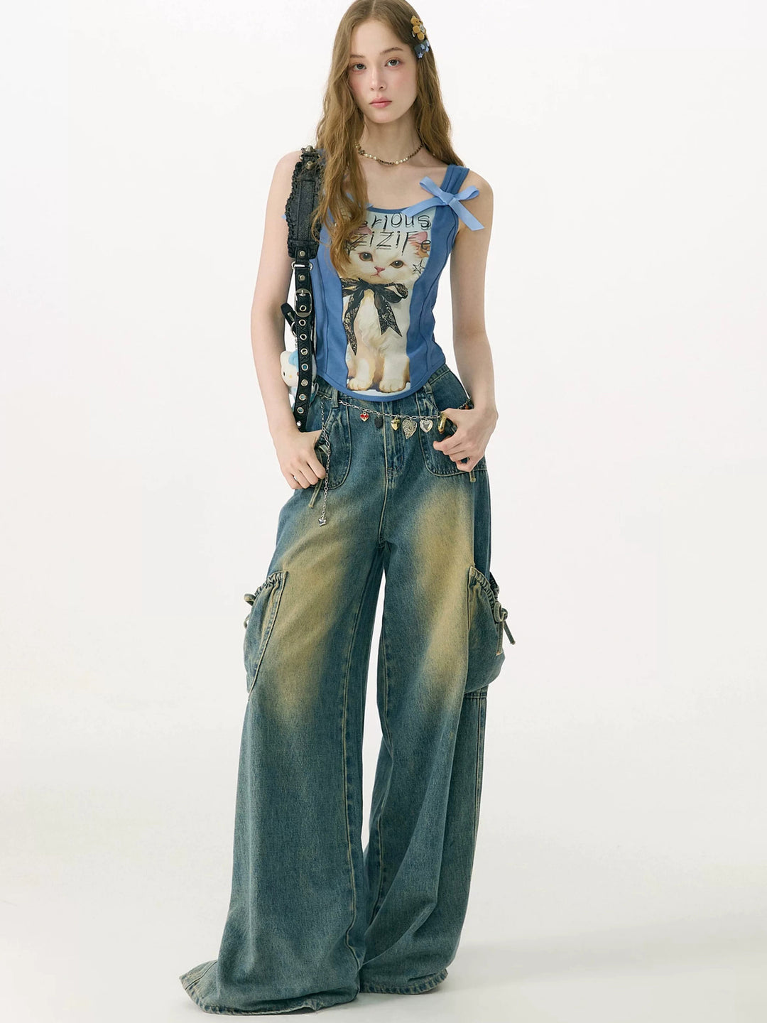 Shoulder Bow Cat Graphic Tank Top