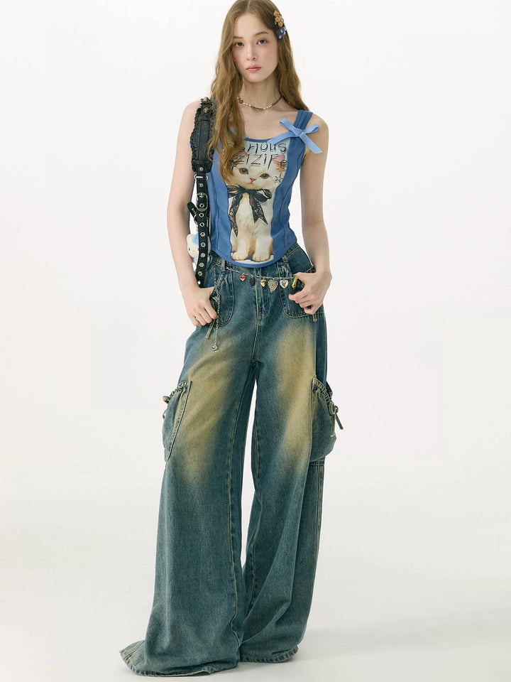Shoulder Bow Cat Graphic Tank Top