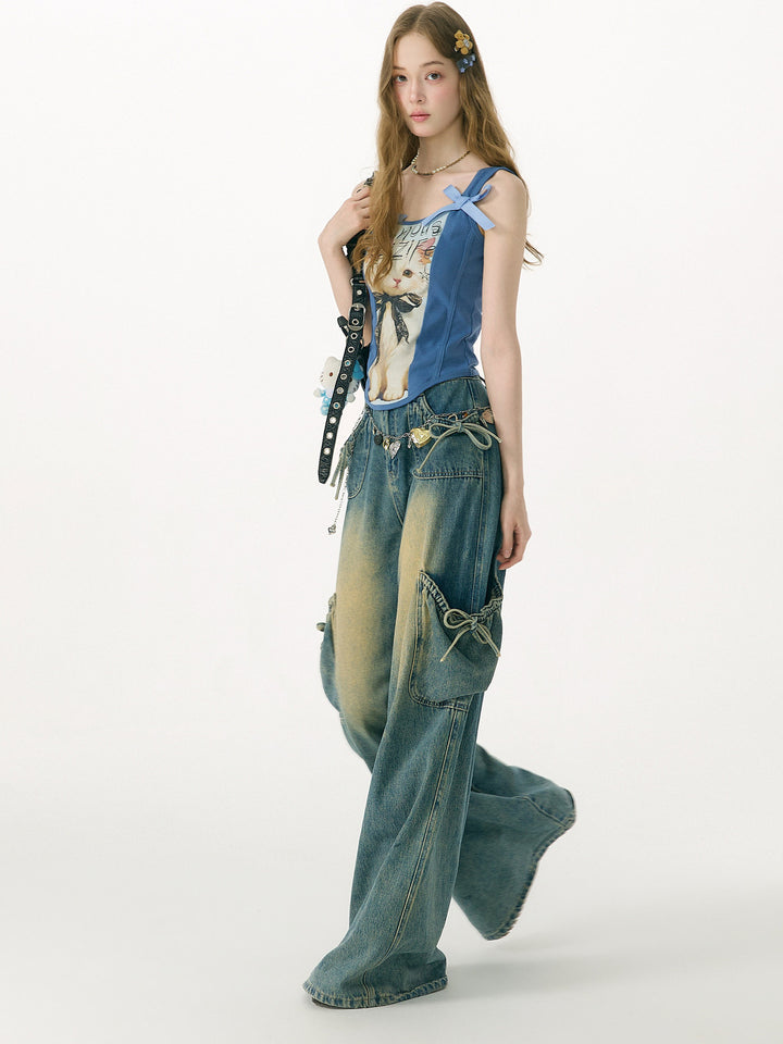 Shoulder Bow Cat Graphic Tank Top