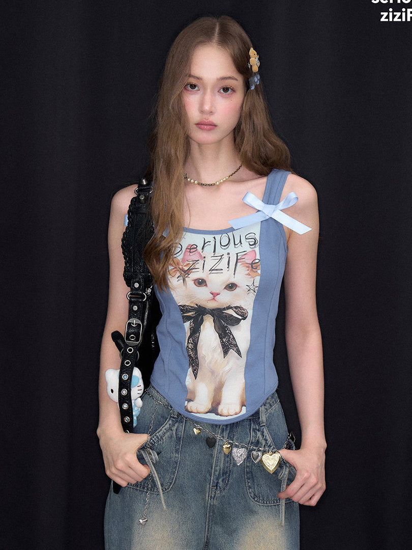 Shoulder Bow Cat Graphic Tank Top