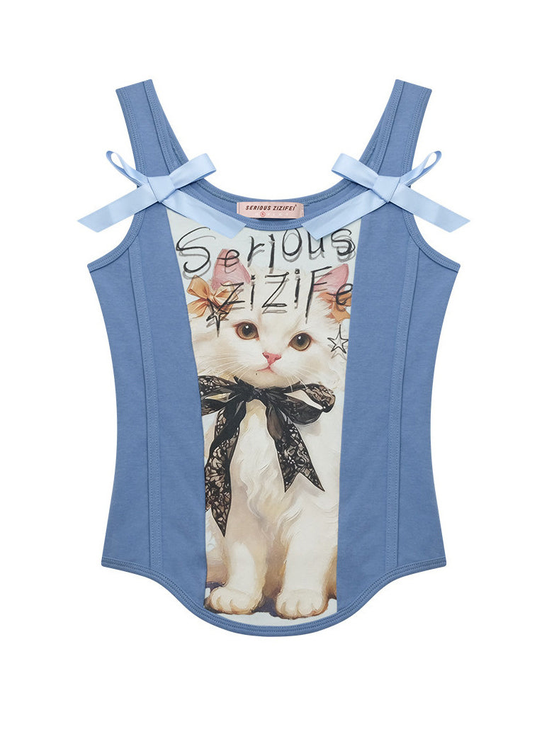 Shoulder Bow Cat Graphic Tank Top