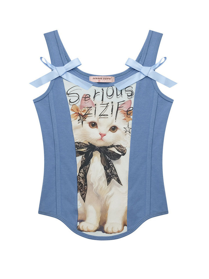 Shoulder Bow Cat Graphic Tank Top
