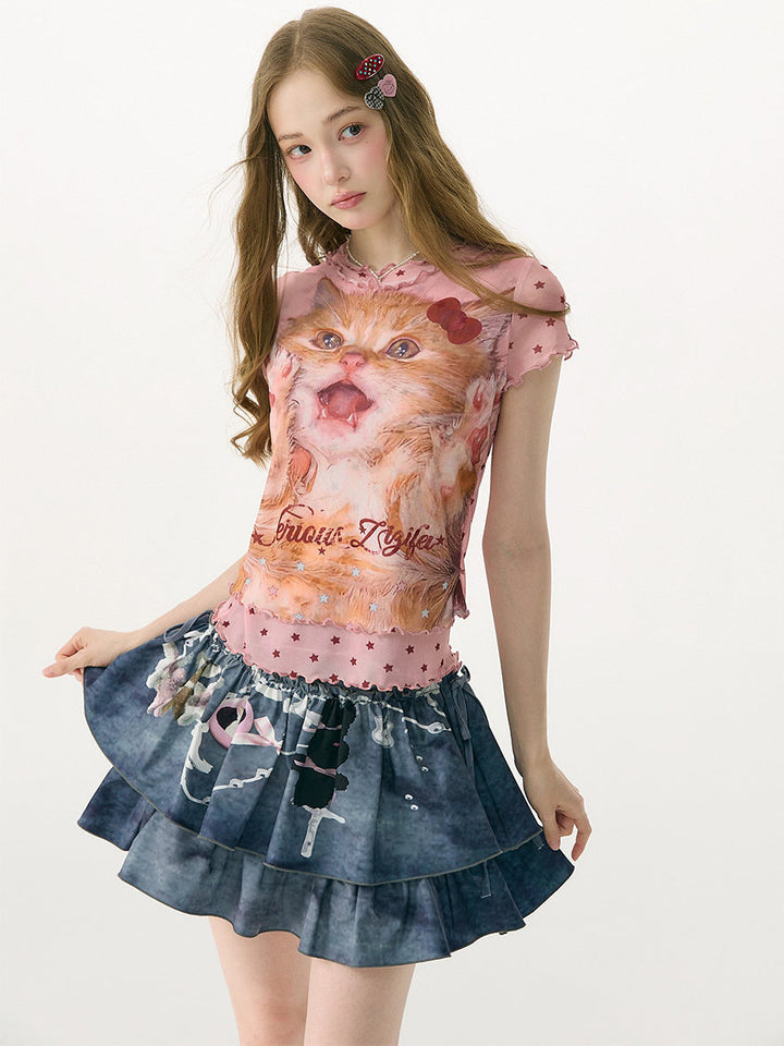 Y2K Cat and Star Print Mesh T-Shirt