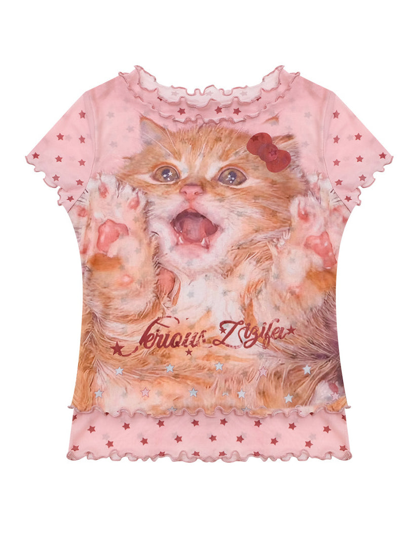 Y2K Cat and Star Print Mesh T-Shirt