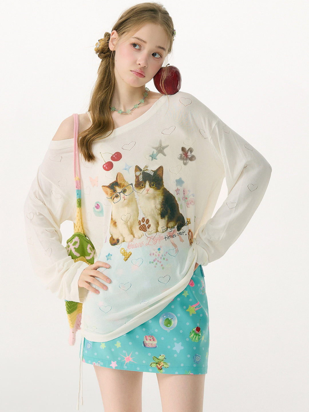 Heart Cutout Cat Graphic Long Sleeve Tee