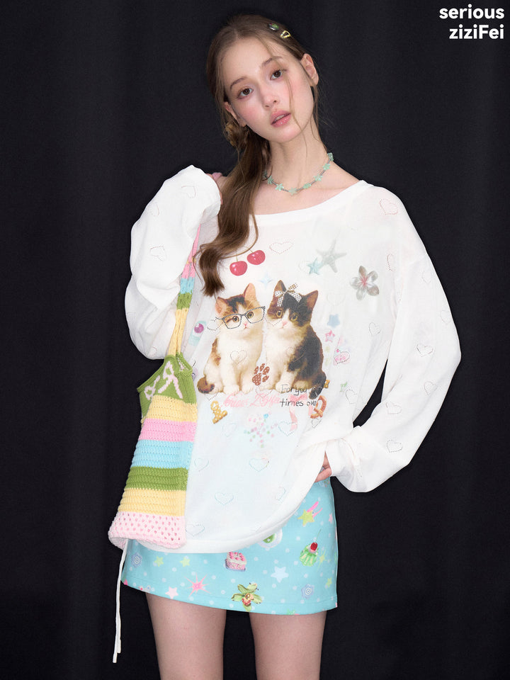 Heart Cutout Cat Graphic Long Sleeve Tee