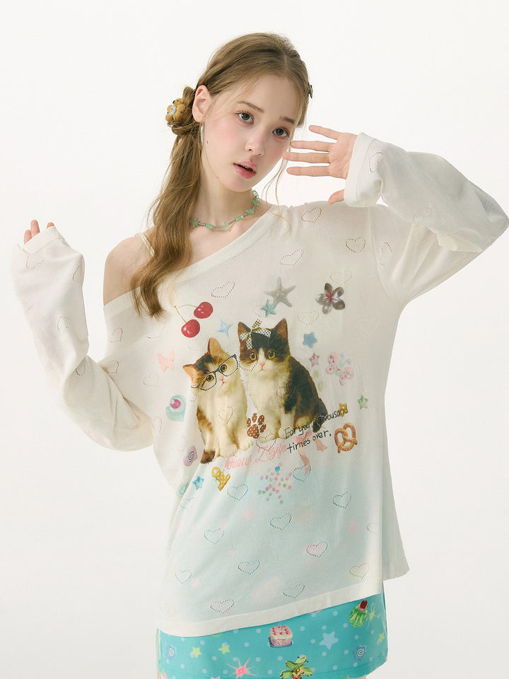 Heart Cutout Cat Graphic Long Sleeve Tee
