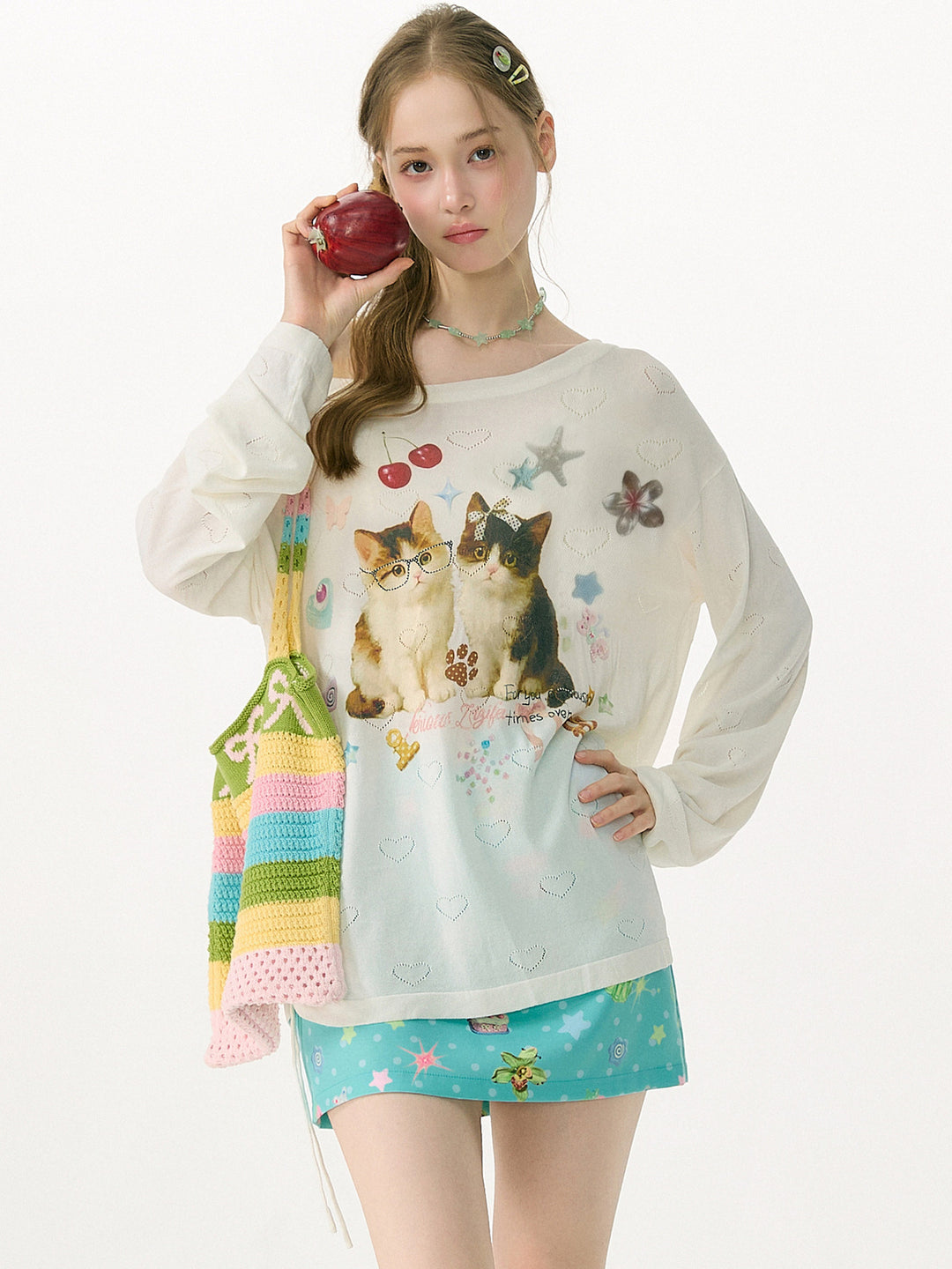 Heart Cutout Cat Graphic Long Sleeve Tee