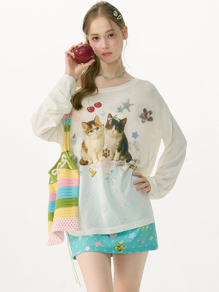 Heart Cutout Cat Graphic Long Sleeve Tee