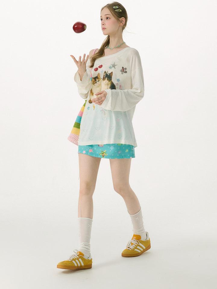 Heart Cutout Cat Graphic Long Sleeve Tee