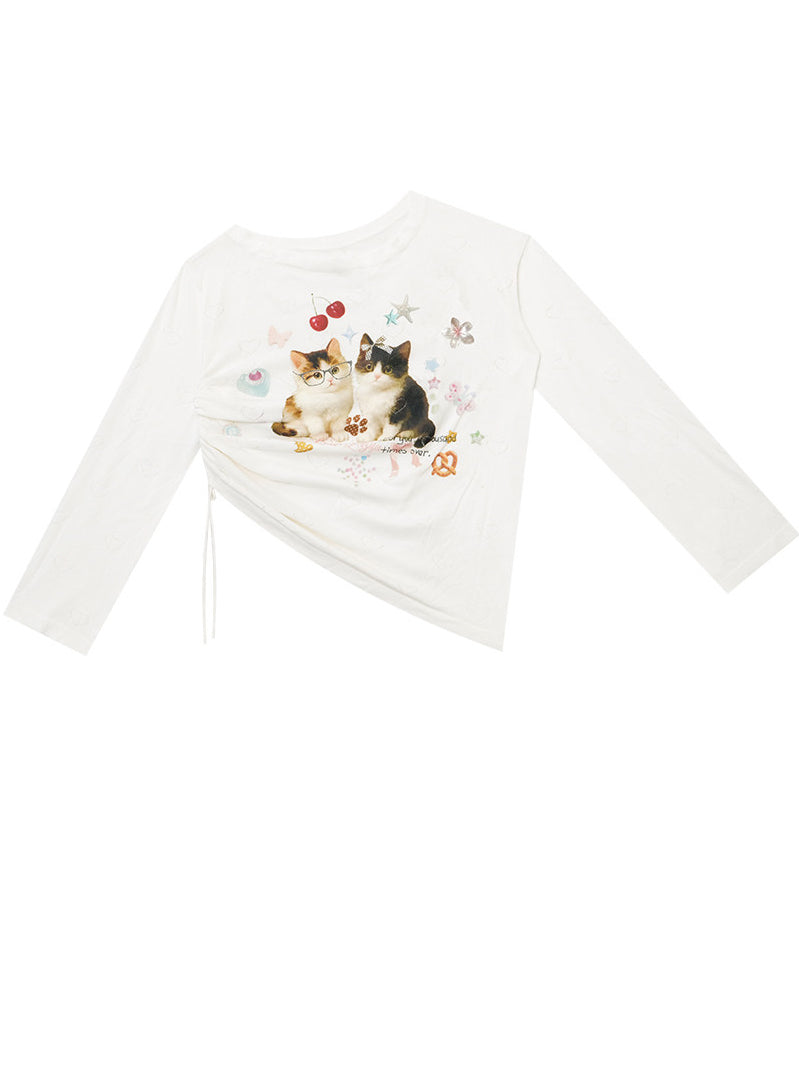 Heart Cutout Cat Graphic Long Sleeve Tee