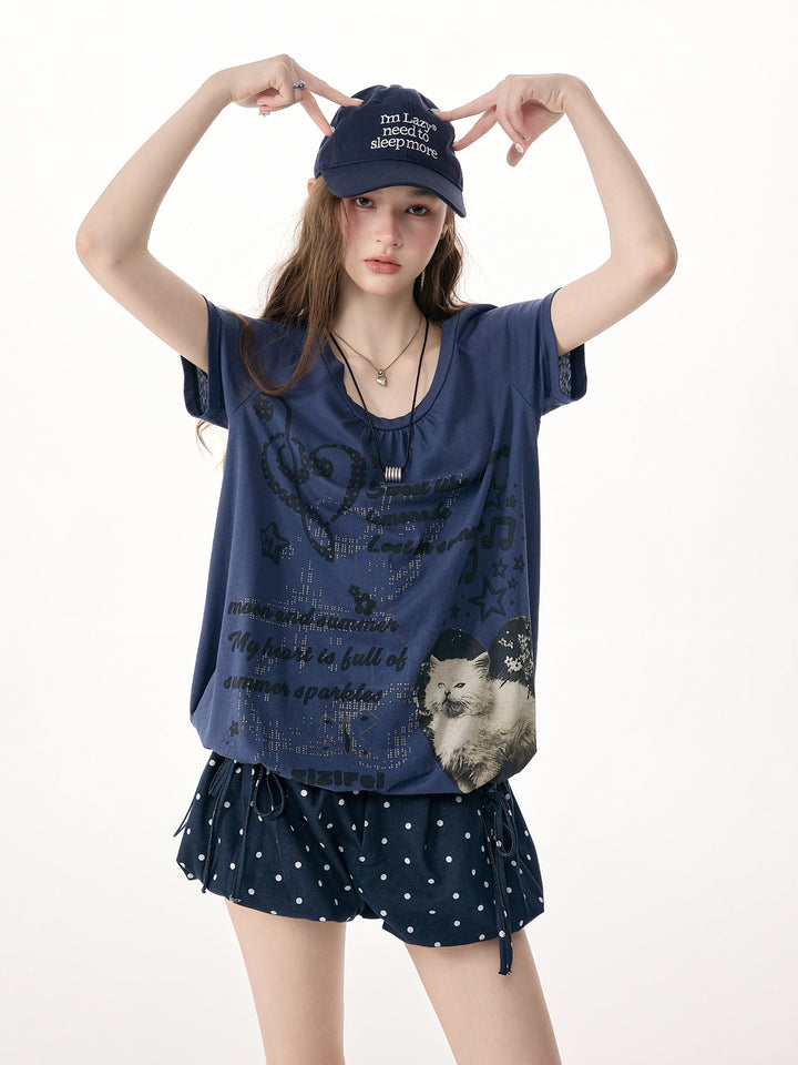 Blue Cat Collage Drawstring T-Shirt