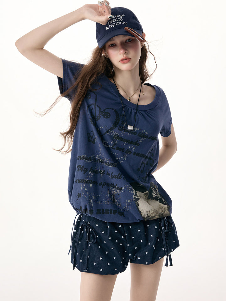 Blue Cat Collage Drawstring T-Shirt