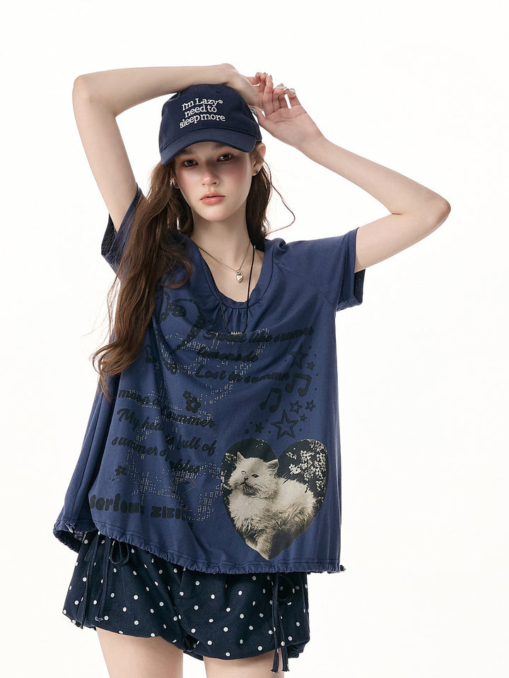 Blue Cat Collage Drawstring T-Shirt