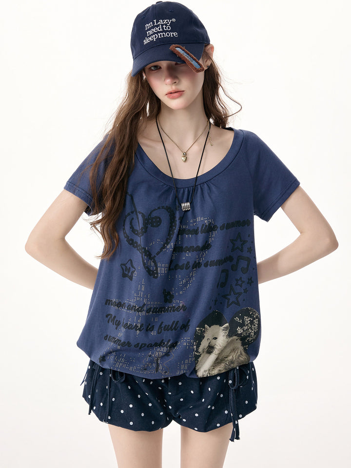 Blue Cat Collage Drawstring T-Shirt