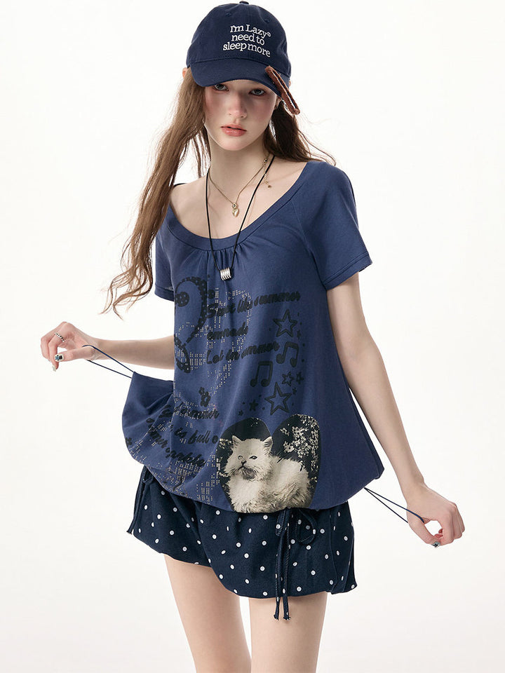 Blue Cat Collage Drawstring T-Shirt