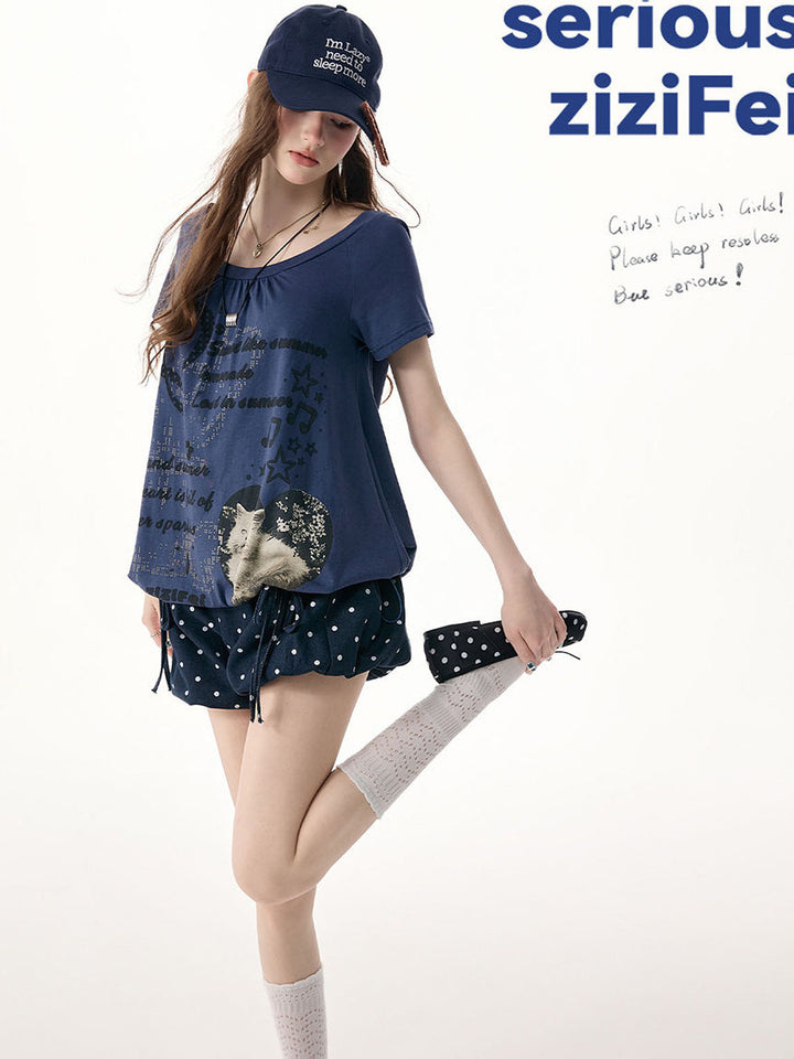 Blue Cat Collage Drawstring T-Shirt