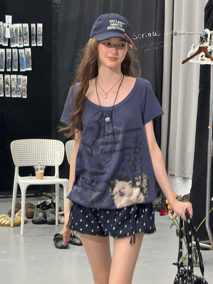 Blue Cat Collage Drawstring T-Shirt