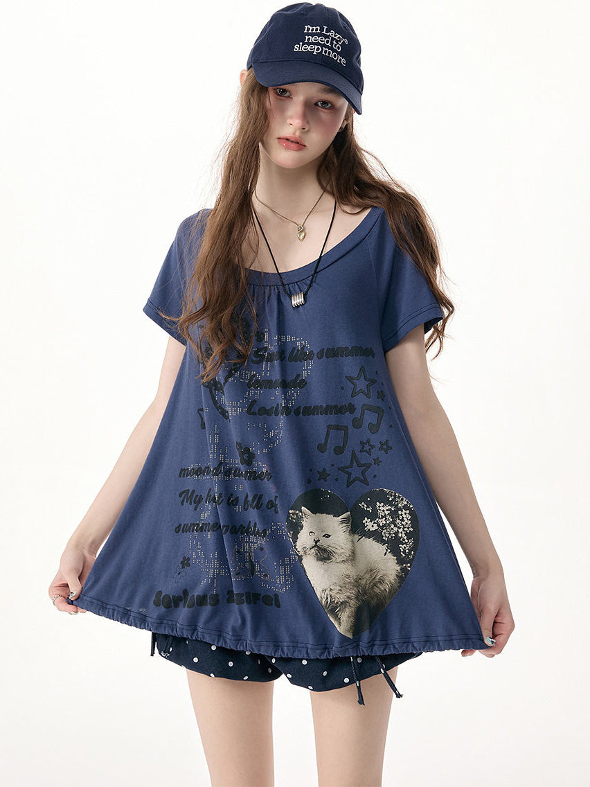 Blue Cat Collage Drawstring T-Shirt