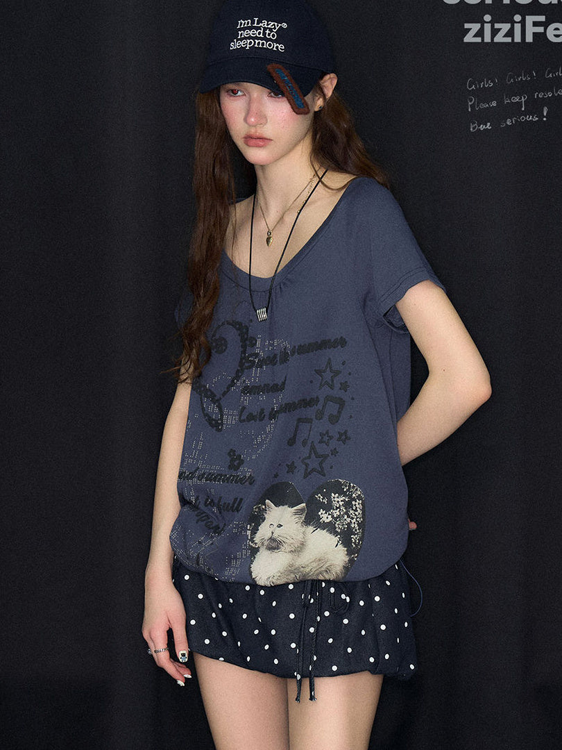 Blue Cat Collage Drawstring T-Shirt