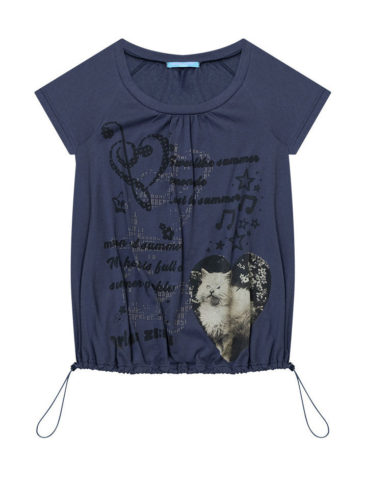 Blue Cat Collage Drawstring T-Shirt