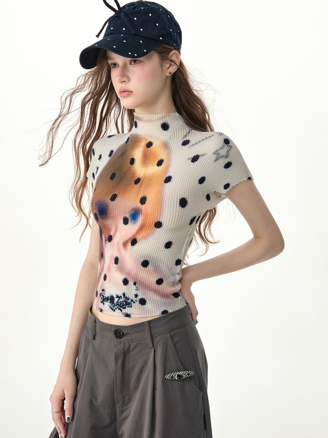 Doll Graphic Polka Dot Pleated T-Shirt
