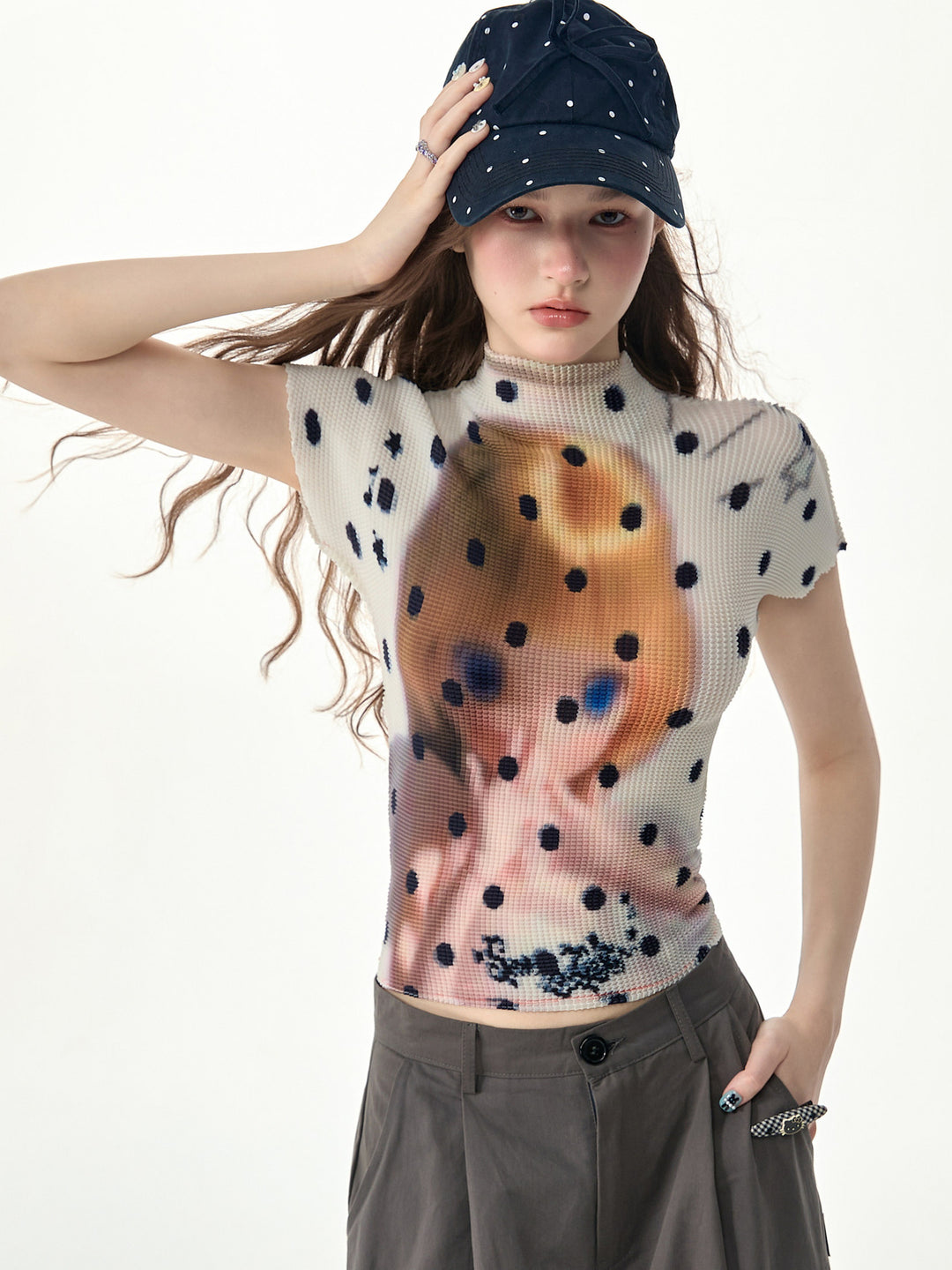 Doll Graphic Polka Dot Pleated T-Shirt