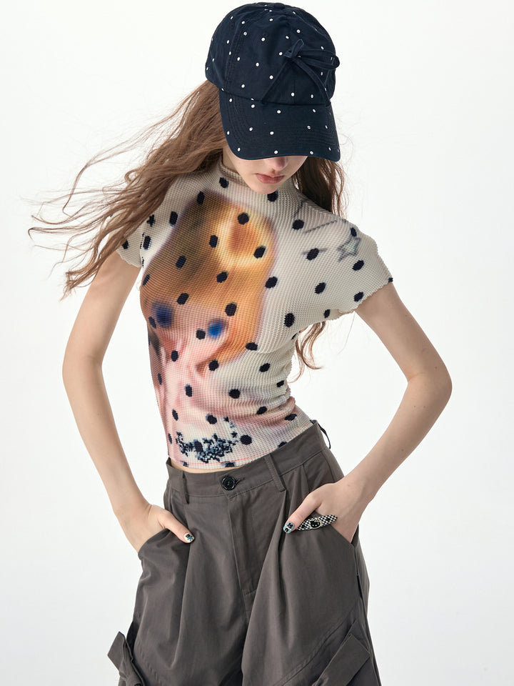 Doll Graphic Polka Dot Pleated T-Shirt
