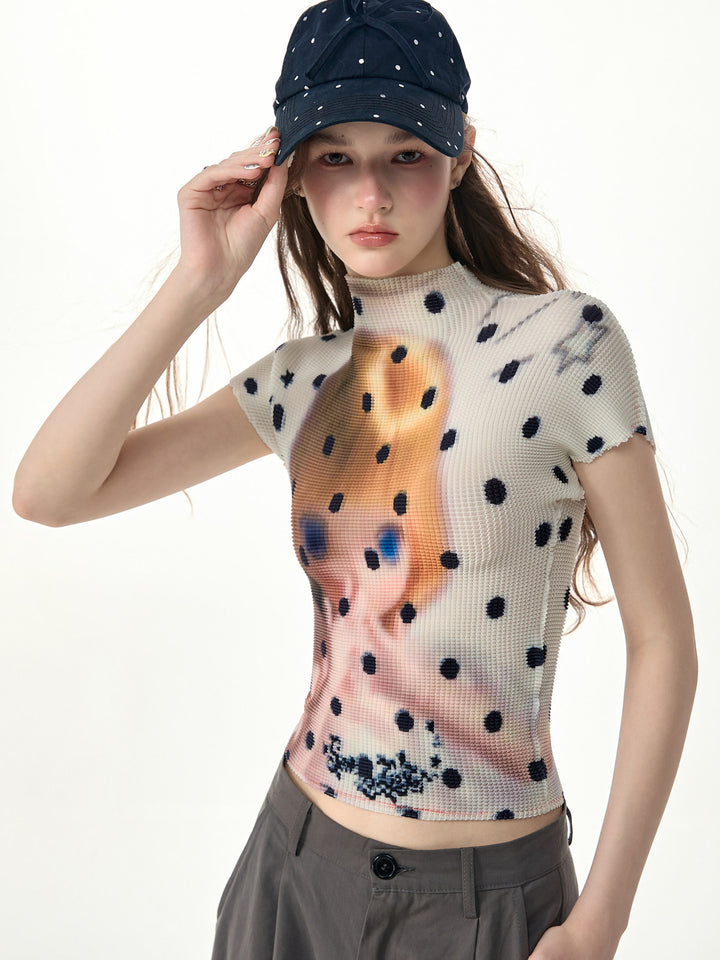 Doll Graphic Polka Dot Pleated T-Shirt