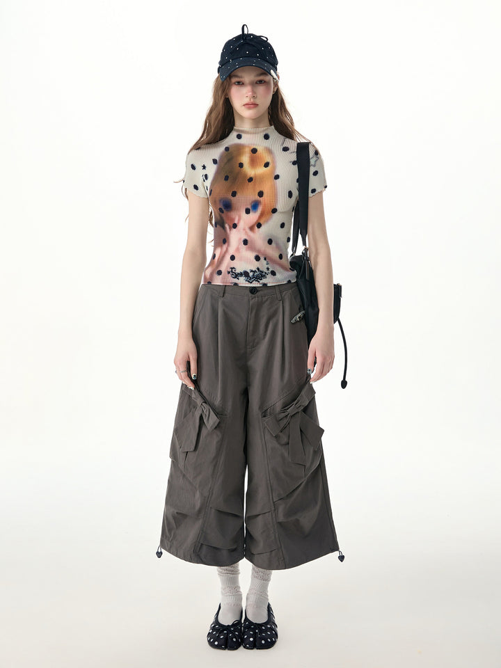 Doll Graphic Polka Dot Pleated T-Shirt