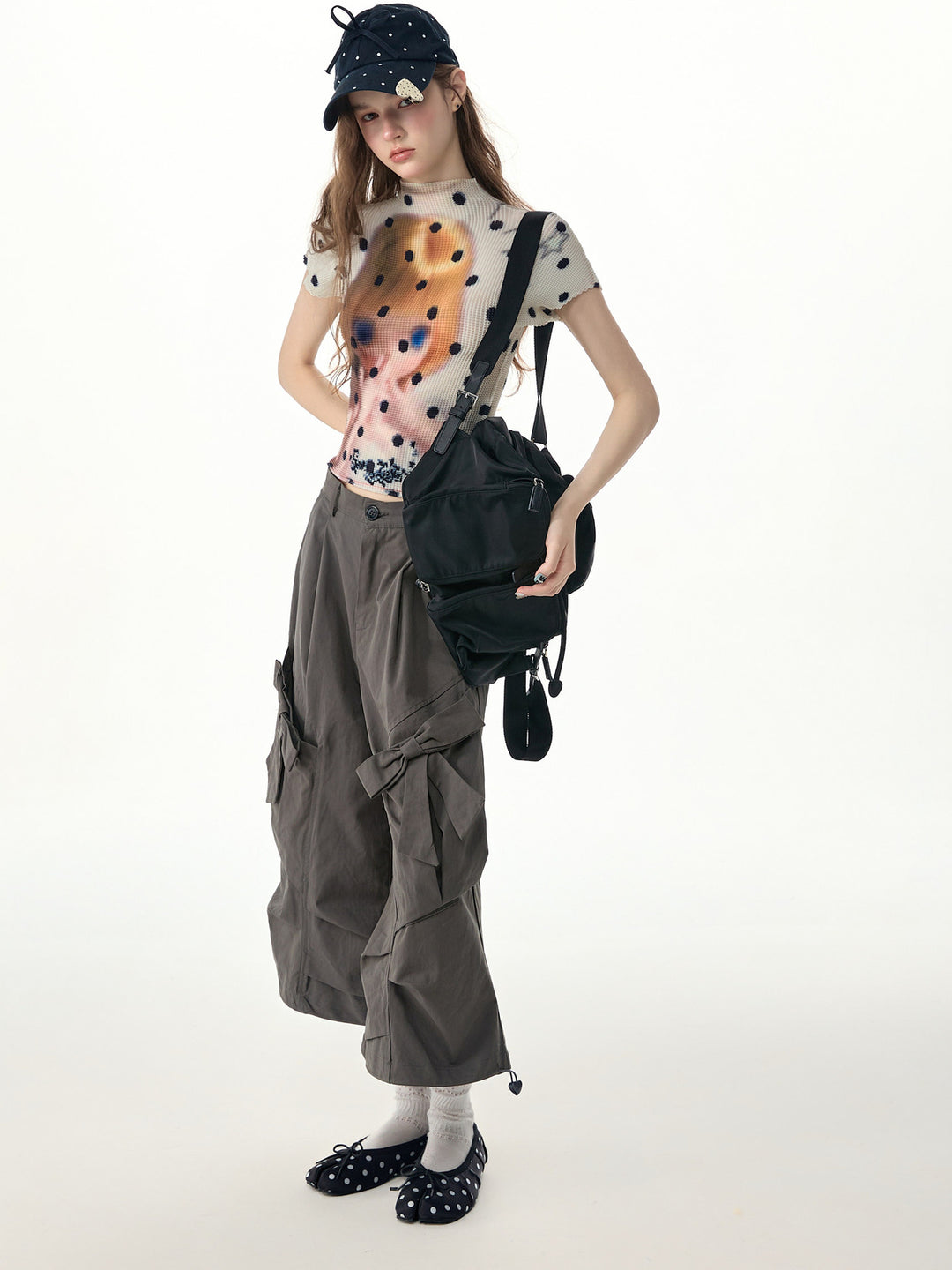 Doll Graphic Polka Dot Pleated T-Shirt