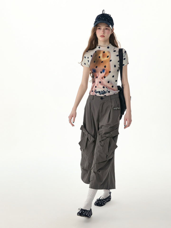 Doll Graphic Polka Dot Pleated T-Shirt