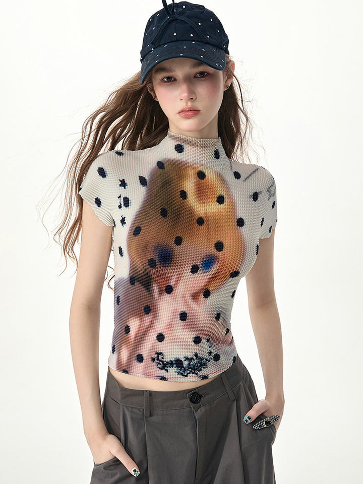 Doll Graphic Polka Dot Pleated T-Shirt