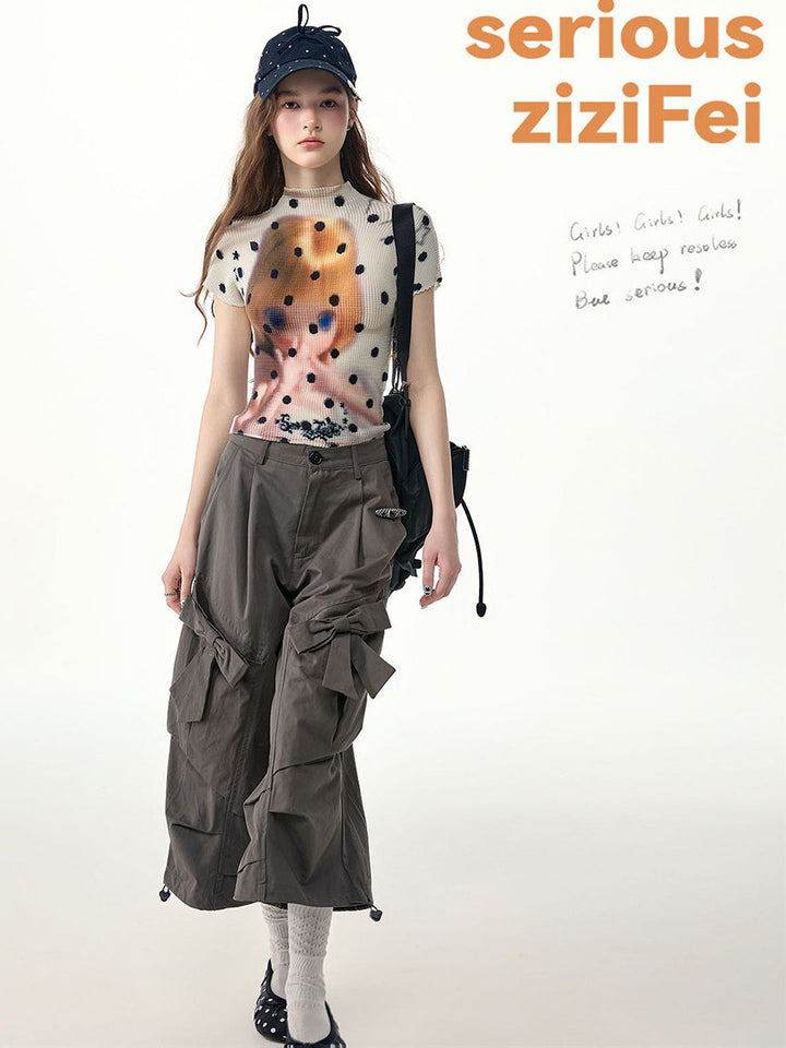 Doll Graphic Polka Dot Pleated T-Shirt