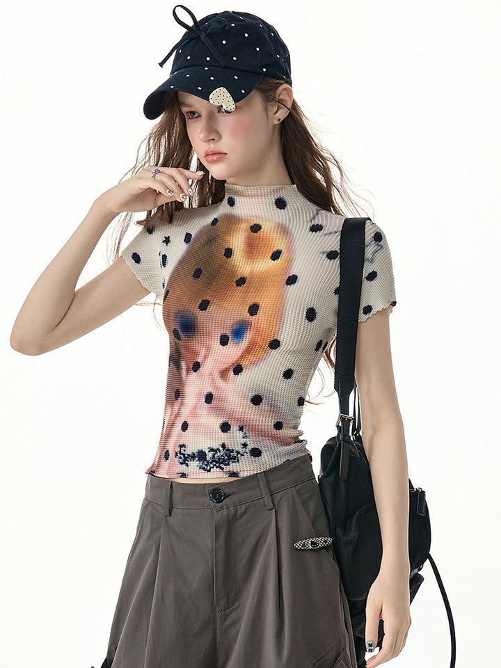 Doll Graphic Polka Dot Pleated T-Shirt